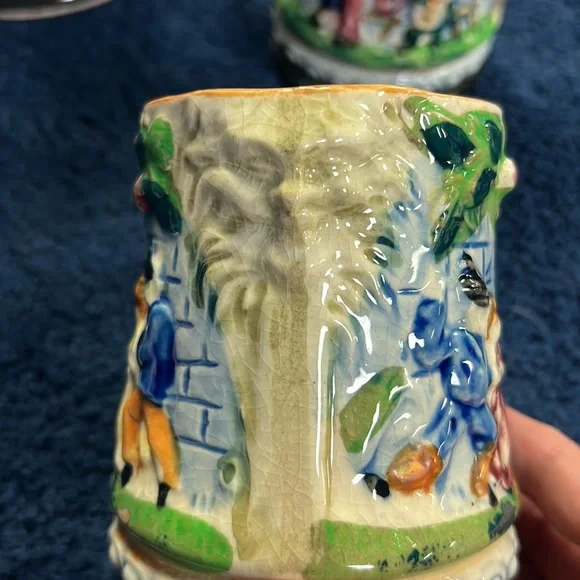 Antique French  Pattern Castle courtyard scenes Pitcher with 2 mugs - Picture 7 of 8